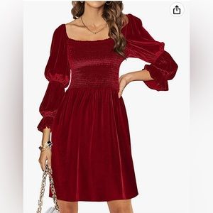 New Red Velvet Dress Square Neck Long Puff Sleeve A-Line Mini Dress Size Medium